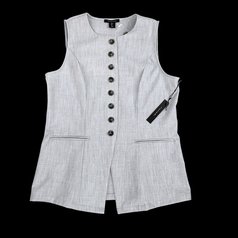 Tahari Blazer Women Large Gray Sleeveless Longline Button Down Office Career NWT
